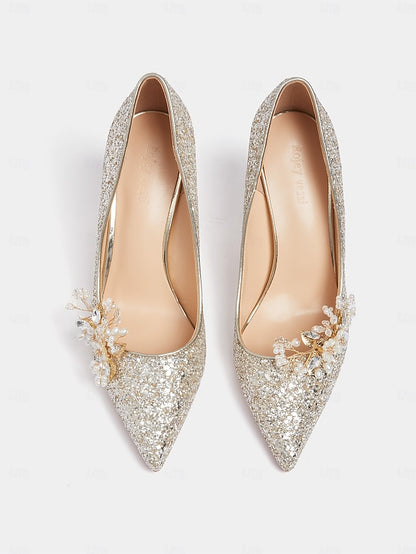 Glitter Silver Heels Stiletto Floral with Women's