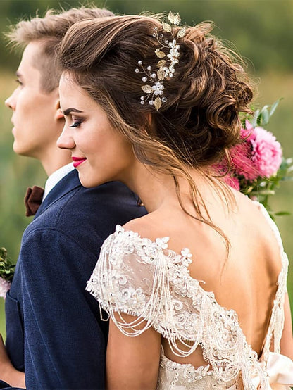 with Faux Pearls Accessory and Bridal Gold Silver Set Hair Leaf