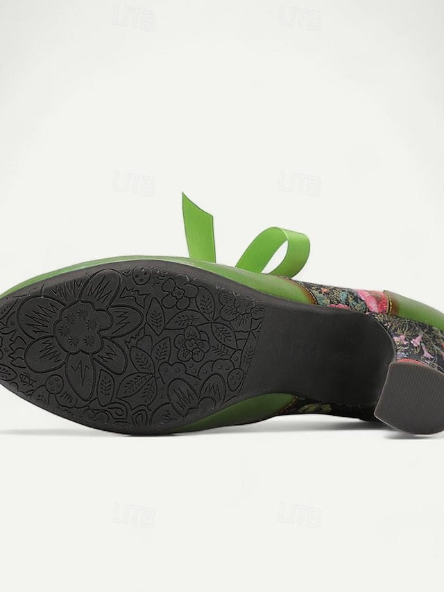 Leather Heels with Green Print Women's Jane Mary Floral