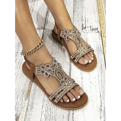 Rhinestone – Flat Boho Silver Sandals Women's T-Strap