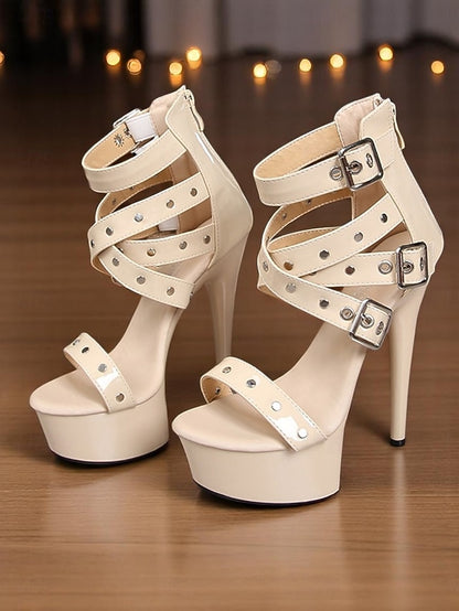 Platform Heels High Buckled Women's Straps and White with