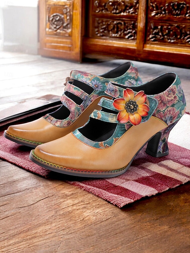 Mary Jane Women's Vintage Heels 1930s Floral Leather –