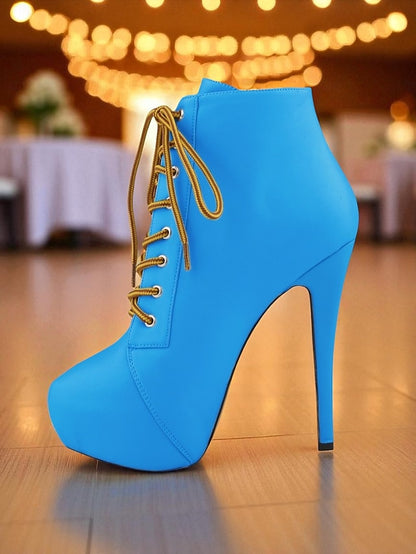 Leather Ankle Beige Platform Faux Women's - Boots Lace-Up