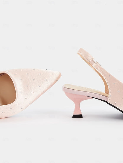 Satin Slingback Women's with Kitten Rhinestone Studs Heels