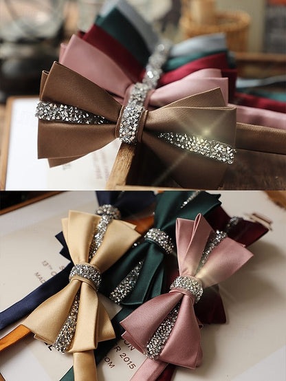 – Crystal Embellishment with Tie Elegant Satin Bow Burgundy