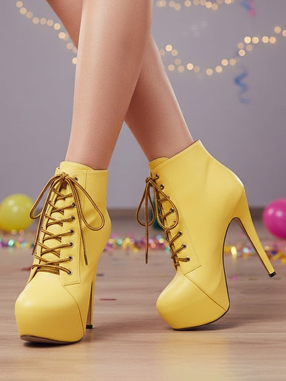 Leather Ankle Beige Platform Faux Women's - Boots Lace-Up