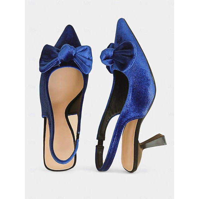 Bow Toe Blue Slingback with Pointed Women's Velvet Heels