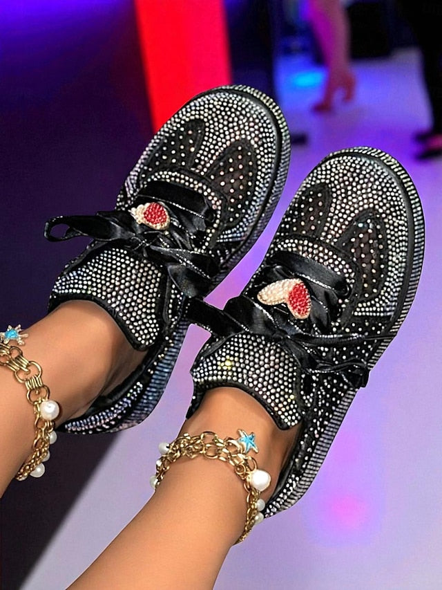 White Women's Rhinestone Sneakers Ribbon with Laces Satin