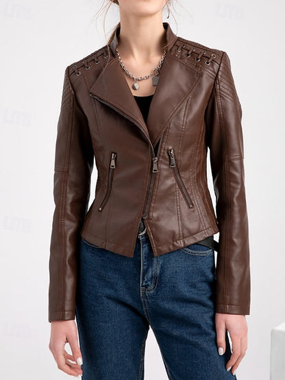 Jacket Zipper Leather Pocket Comfortable Faux Women's