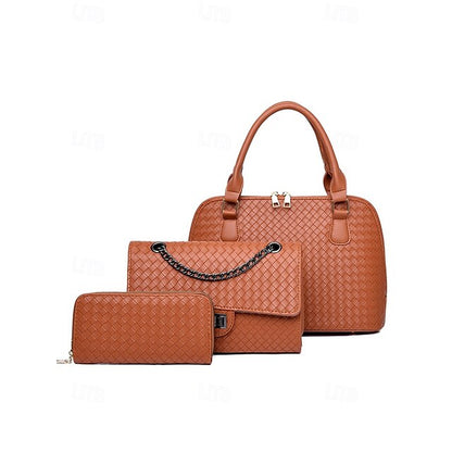 Handbag Set Brown Leather Women's Woven – 3-Piece Faux