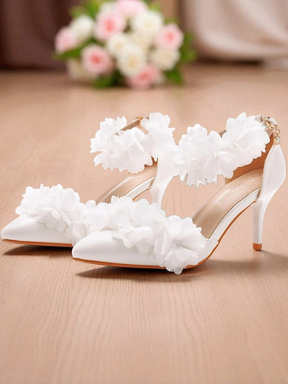 Ankle Women's Heels - Strap Pointed Floral White Elegant