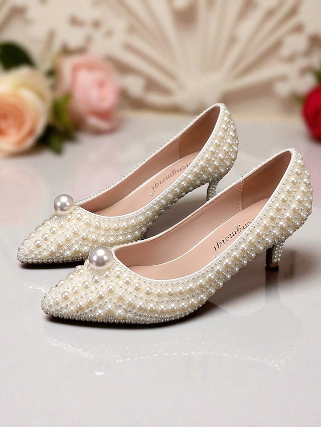 Pumps Heel Pearl-Embellished Matching Kitten and Women's