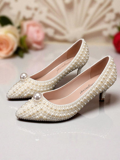 Pumps Heel Pearl-Embellished Matching Kitten and Women's