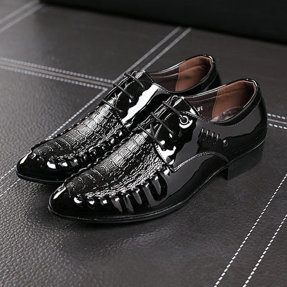 Black - Men's Leather Shoes Faux Crocodile Patent