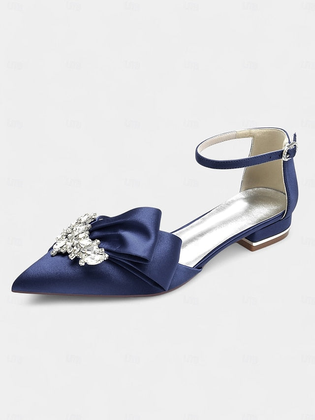 Ankle Bow Rhinestone Satin Pointed-Toe with Heels White and