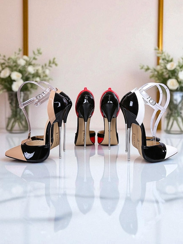 Patent Leather Red Stiletto and Toe Women's Black Pointed