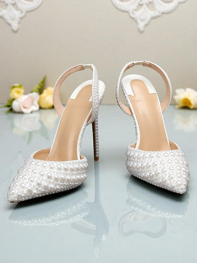 - Women's Pearl-Embellished Slingback Heels Leather White