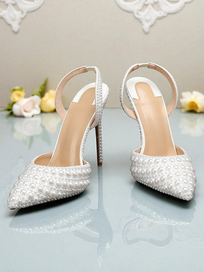 White - Pearl-Embellished Women's Slingback Leather Heels