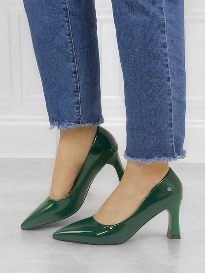 Heel Green Leather Faux Glossy Patent Pumps Pointed-Toe Block