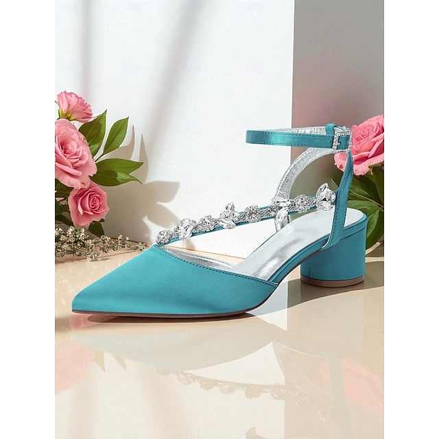 Satin Rhinestone Purple Women's Block with Heel Pumps