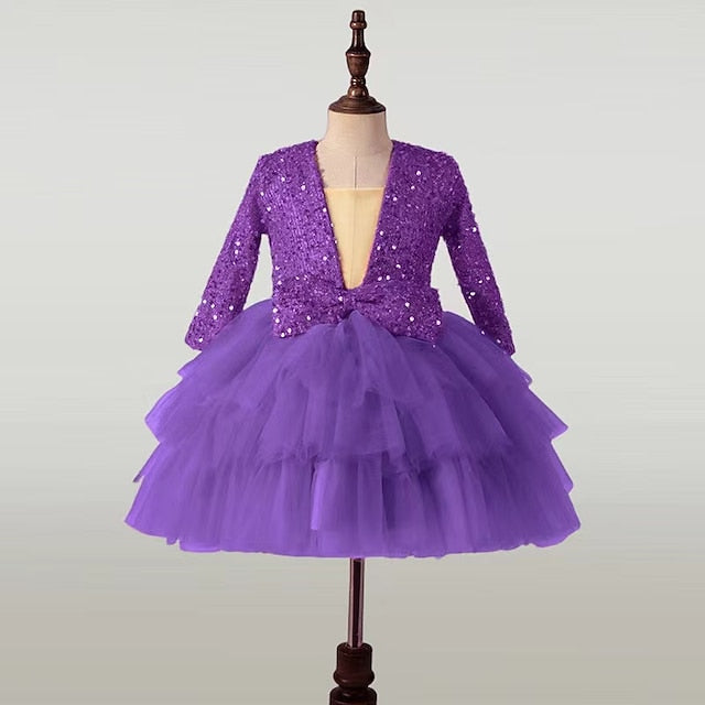 Sleeve Kids Sequin Dress Long Party Performance Girls'