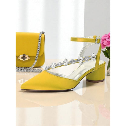 Satin Rhinestone Purple Women's Block with Heel Pumps