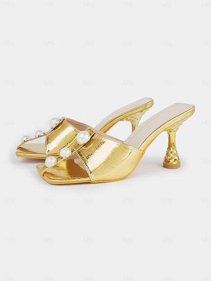 for Women Mules – Elegant with Detailing Pearl Gold Open-Toe