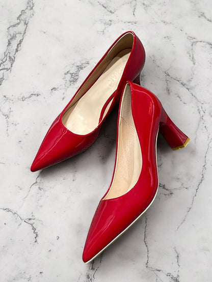 Heel Green Leather Faux Glossy Patent Pumps Pointed-Toe Block