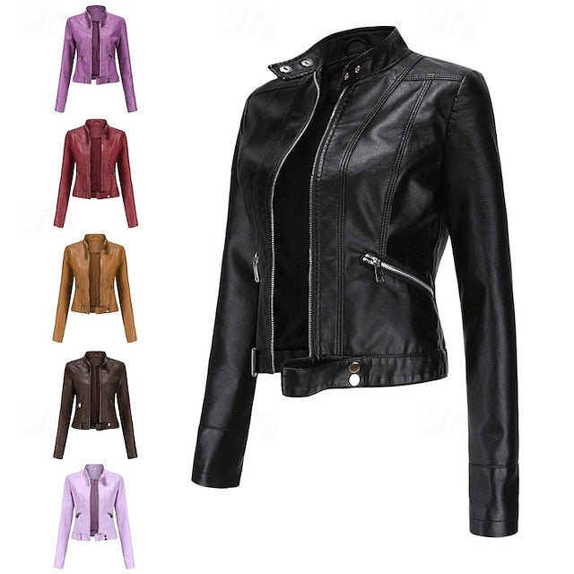 Women's Jacket Zipper Leather Faux Pocket Comfortable