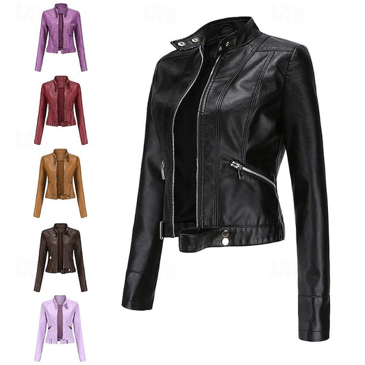 Women's Jacket Zipper Leather Faux Pocket Comfortable