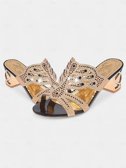 Heeled Embellished and Rhinestone - Green Sandals Gold