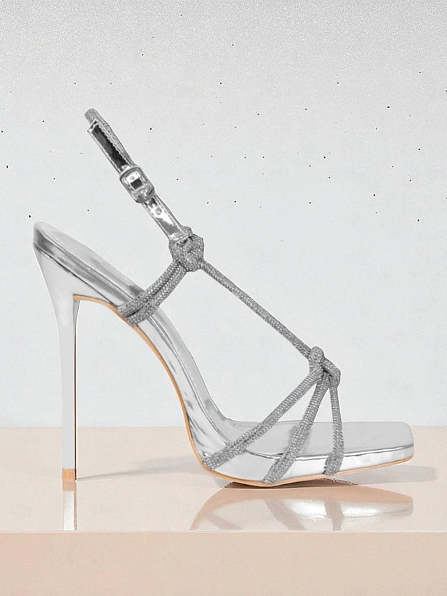 Toe with Square Heels Stiletto Strappy Women's Rhinestone