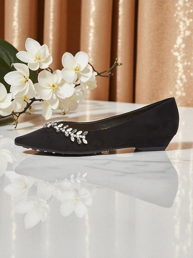 Toe Pointed Black Women's with Suede Flats Rhinestone