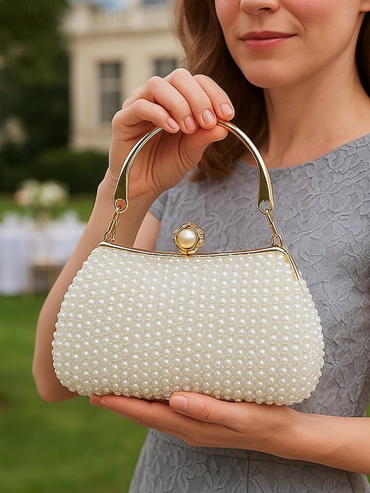 Gold with Beaded Handle Evening Pearl Bag Women's Clutch