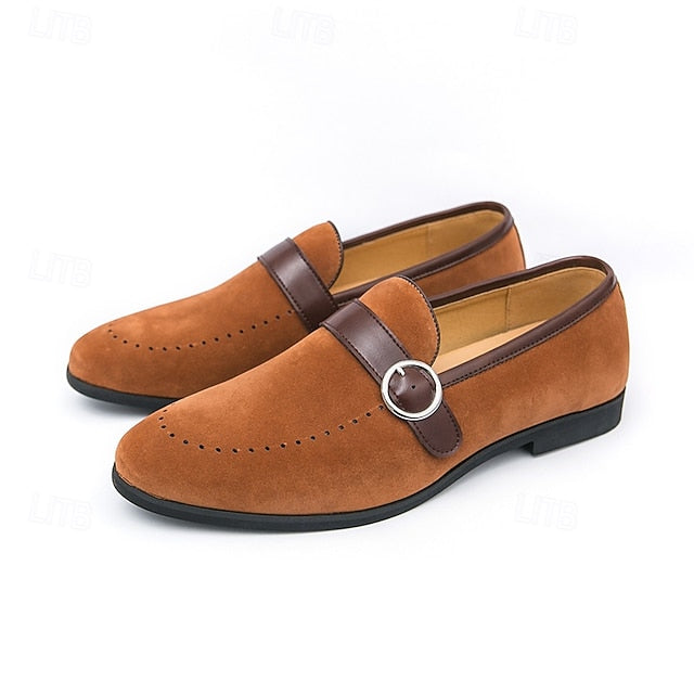 Strap Brown Men's Suede Slip-On Faux Loafers with Buckle