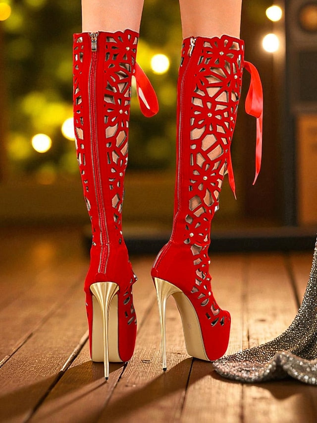 Knee Boots Stiletto Platform Peep High Sexy Cutout Women's