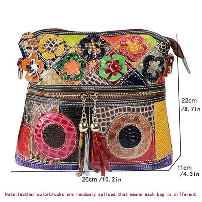 Women's Leather Shoulder Bohemian Colorful Patchwork - Bag