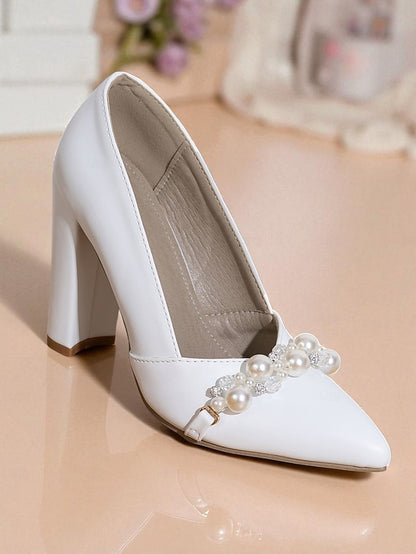 White Pearl Women's Block Heel Decor Pumps