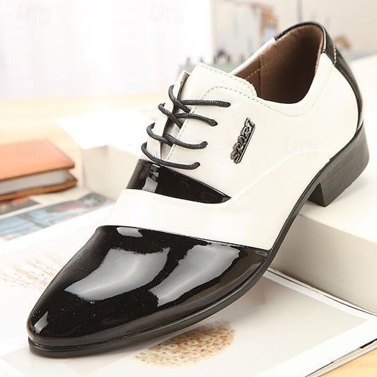 – Leather Oxford Men's Faux Patent Black Shoes White and