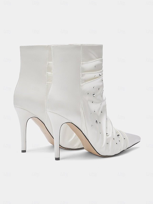 Satin White Women's Ankle with Boots Rhinestone