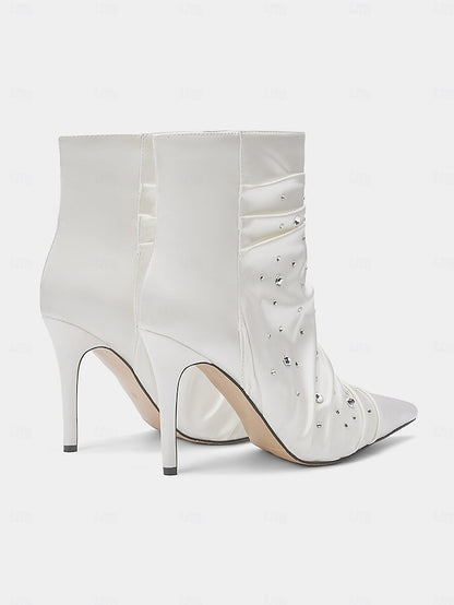 Satin White Women's Ankle with Boots Rhinestone
