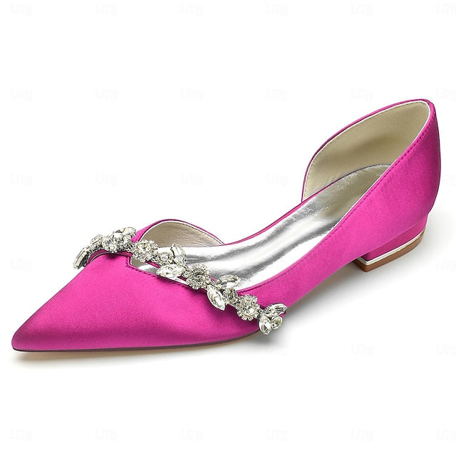 Shoes Pointed with Toe Crystal Wedding Satin Flat and White