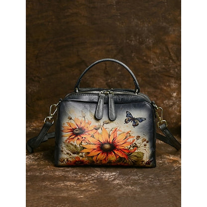 – Sunflower Print Vintage with Handbag Leather and Butterfly
