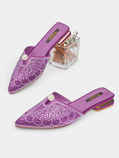 Gold Glamorous Mules Pearl with Rhinestone Detail Women's -