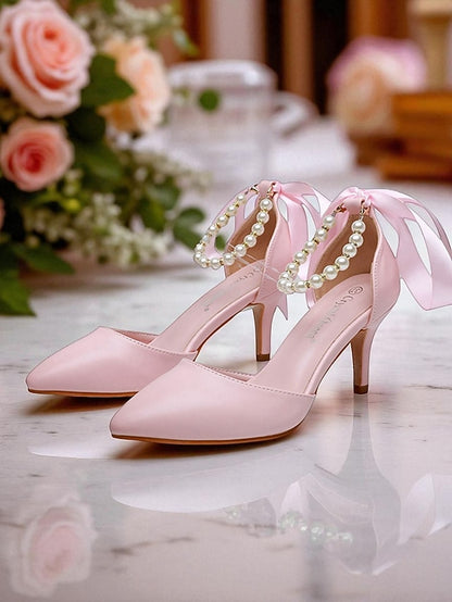 Heel - with Kitten Blue Women's Pumps Ankle Pearl Strap Bow