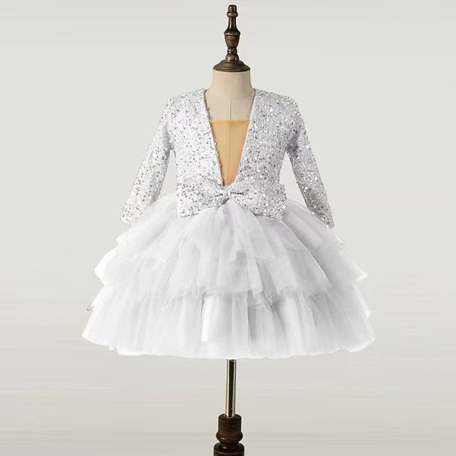 Sleeve Kids Sequin Dress Long Party Performance Girls'