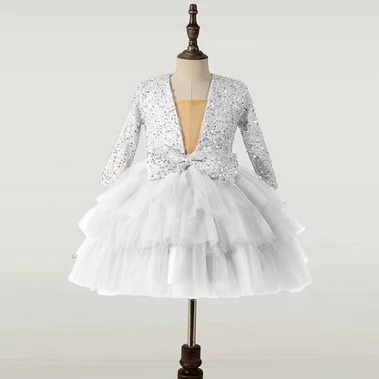 Sleeve Kids Sequin Dress Long Party Performance Girls'
