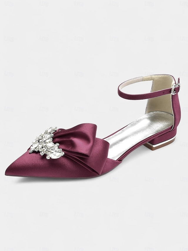 with Heels Pointed-Toe Ankle and White Bow Satin Rhinestone