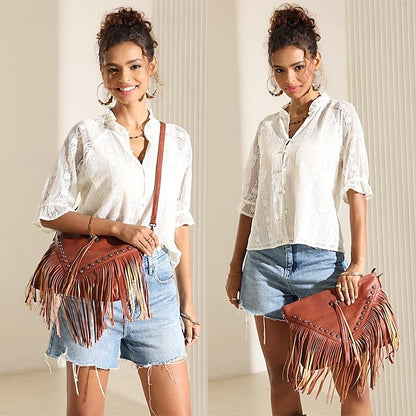 Crossbody Fringe Style Bohemian Bag with Leather Women's