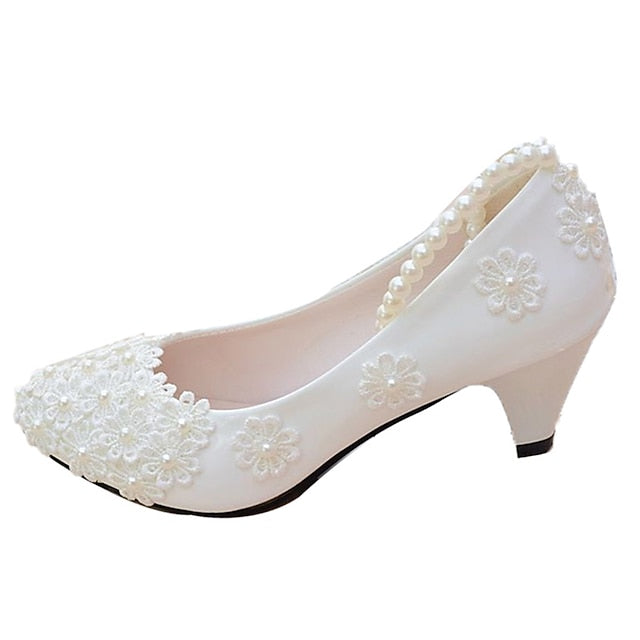 White Pearl Lace Wedding Floral Heels – Women's Decorated